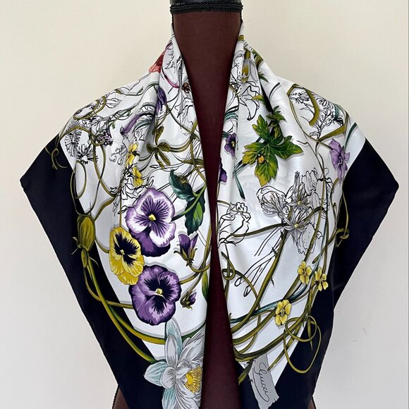 New Gucci Silk Wrap Logo Flora Infinity Print White Multicolor Unisex Scarf - Picture 5 of 16